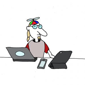Software - represented by a cartoon of a geek sat in front of a laptop, mobile phone and tablet